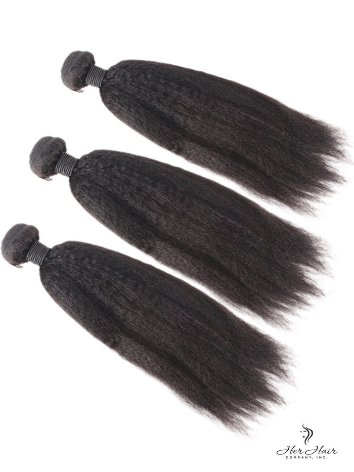 Brazilian Kinky Straight Hair 3 Bundle Deal with standard frontal/closure from Her Hair Company, showcasing natural straight hair bundles.
