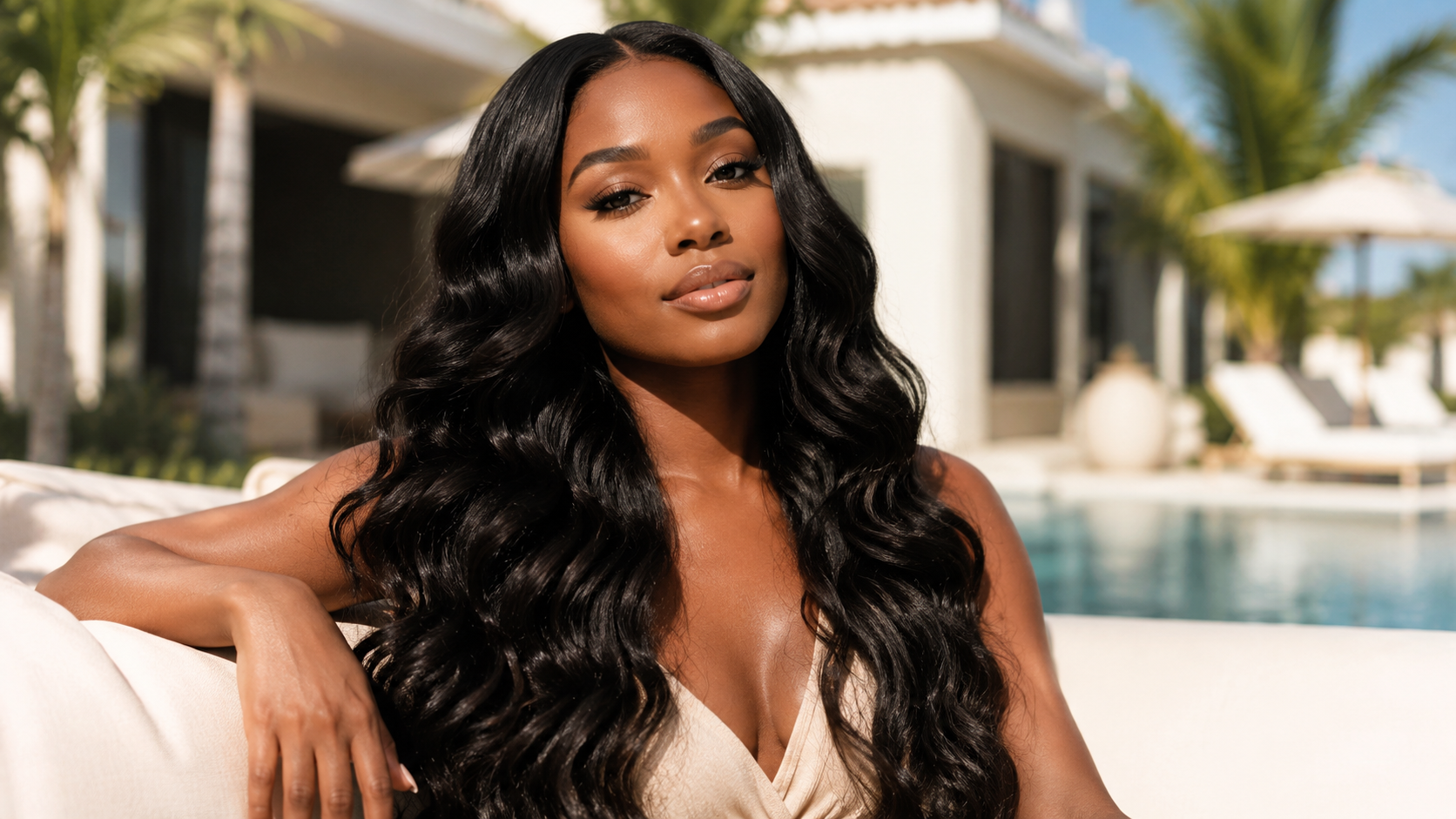 Woman with long glossy body wave vacation hair in a bright summer resort setting.