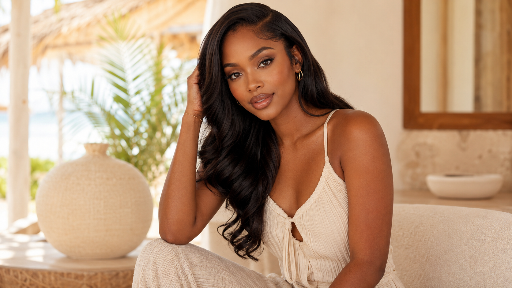 Black woman with glossy human hair extensions in a bright luxury beauty studio setting.