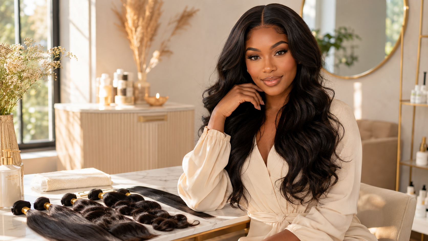 Black woman with clean reusable human hair bundles in a bright luxury beauty studio setting.