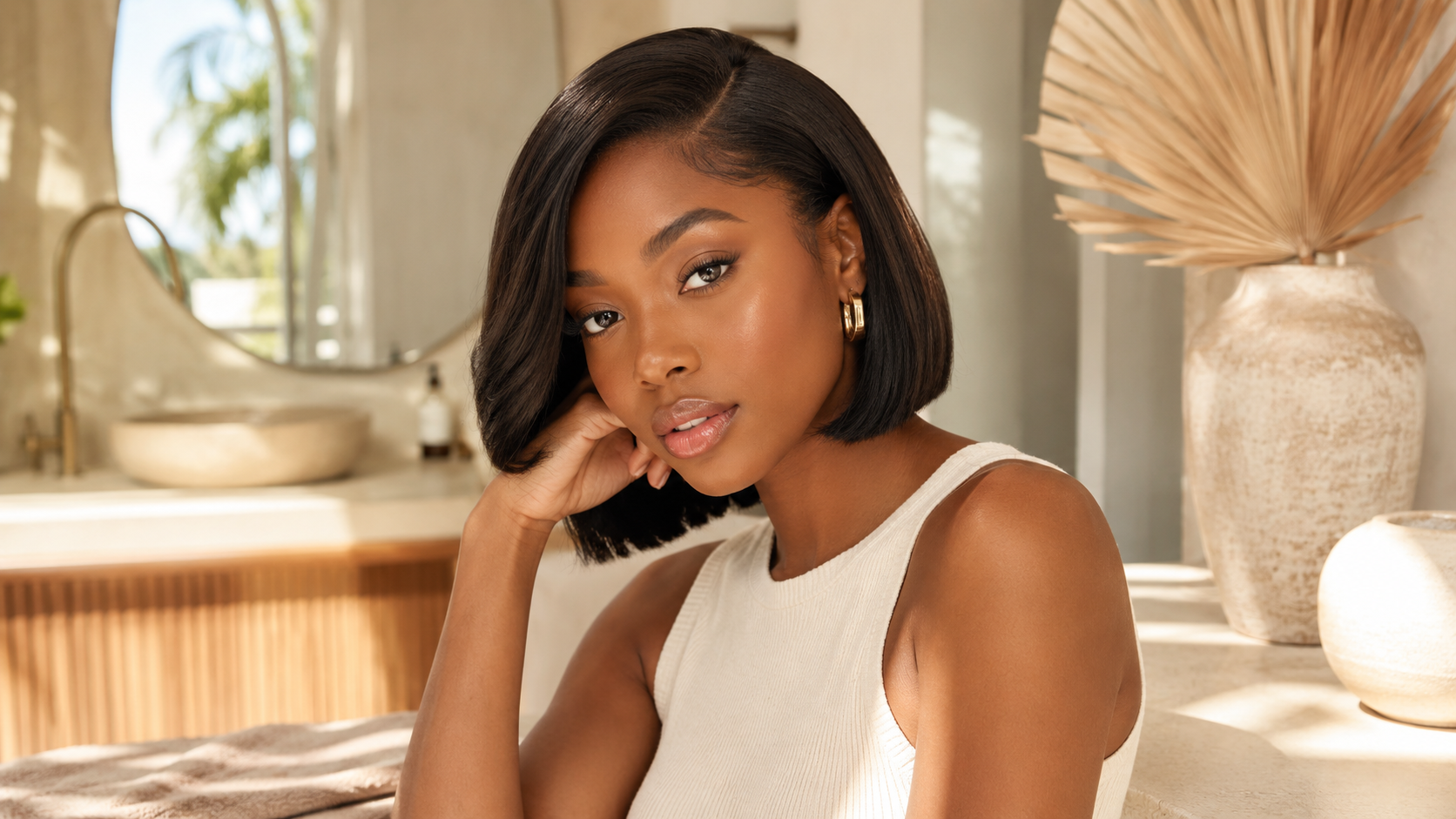 Black woman with a sleek glossy bob hairstyle in a bright luxury beauty setting.