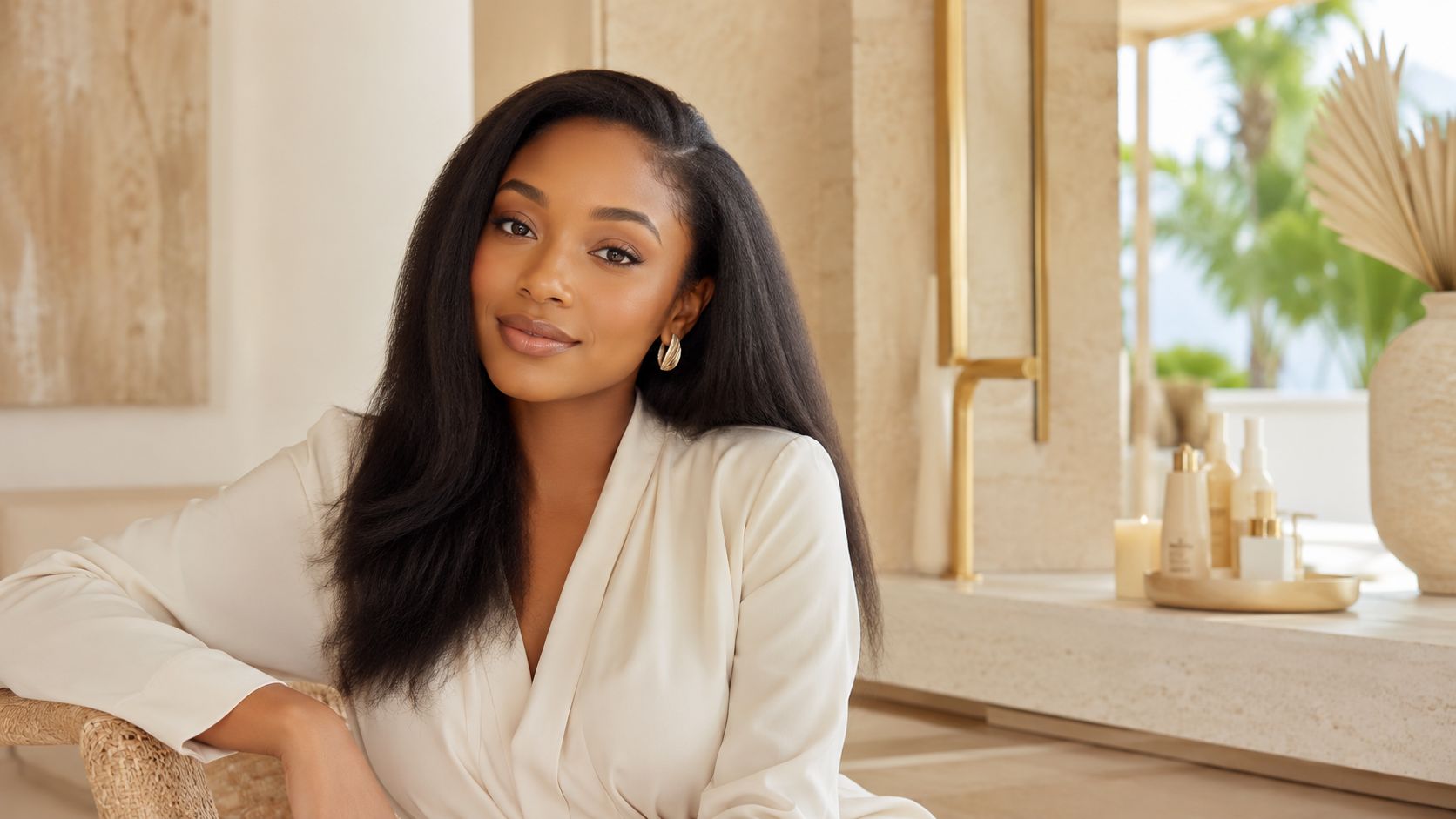 Black woman with natural kinky straight human hair extensions in a bright luxury beauty setting.