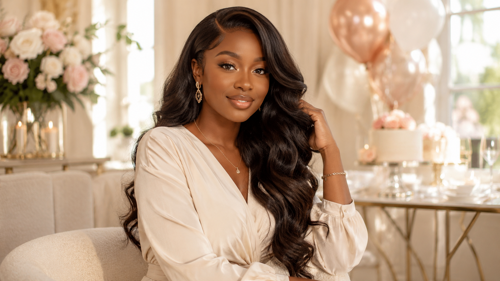 Black woman with glamorous birthday hair extensions in a bright luxury beauty setting.