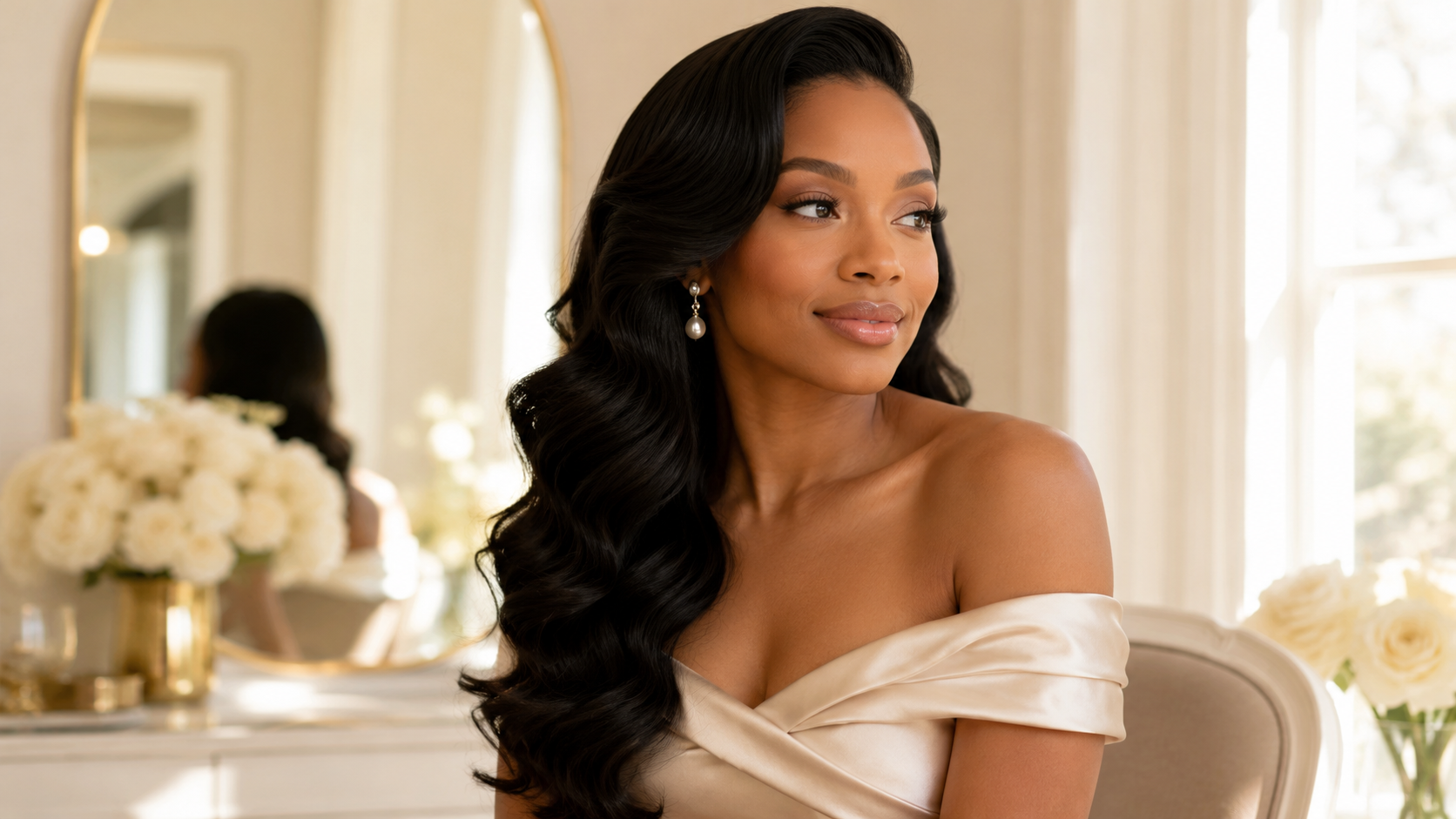 Black woman with elegant wedding hair extensions and soft glossy waves in a bright luxury beauty setting.