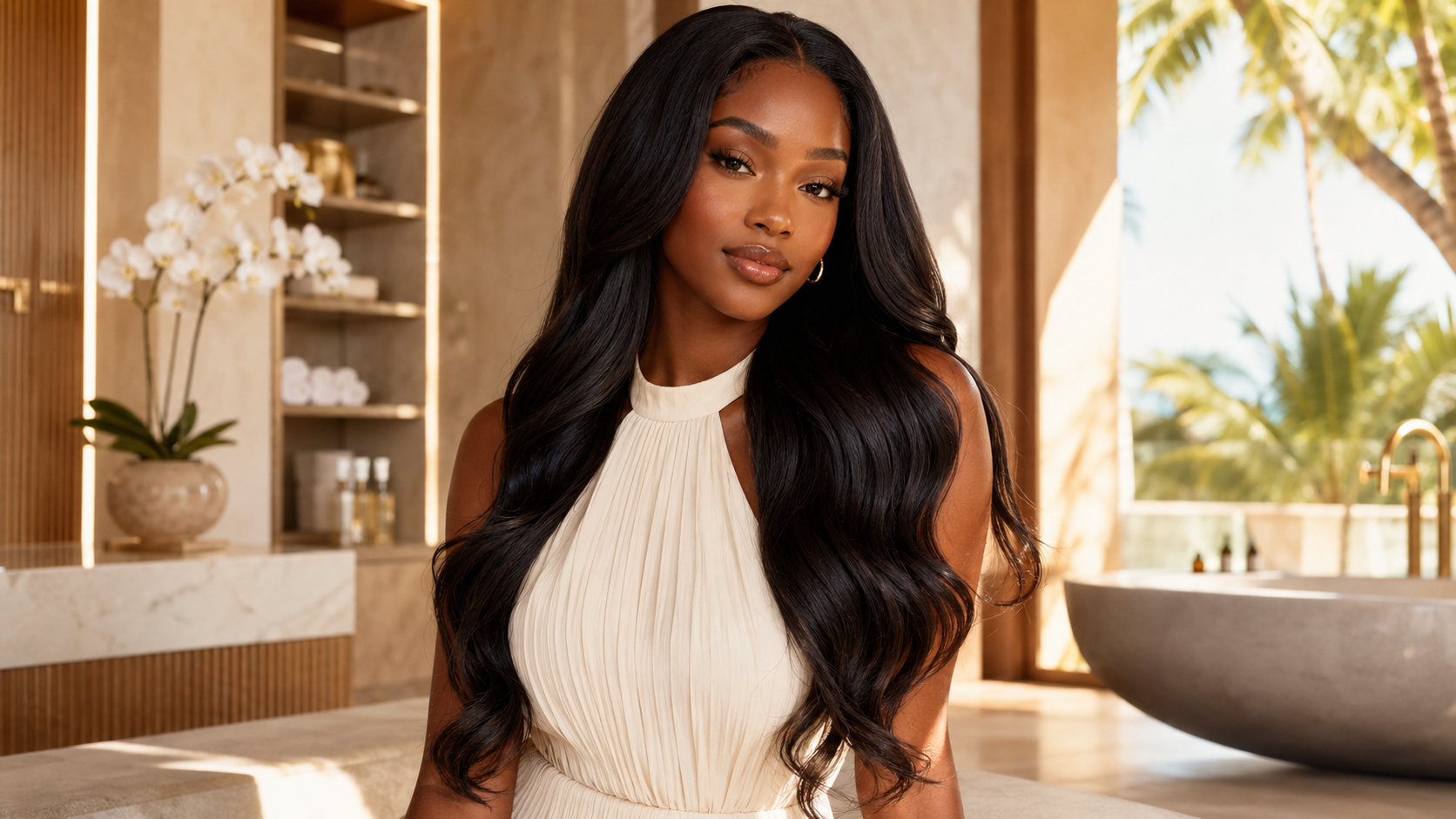 Black woman with long glossy human hair extensions in a bright luxury beauty setting.