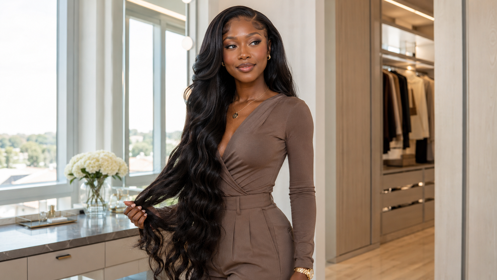 Black woman displaying long, full, glossy human hair extensions in a bright luxury beauty studio.