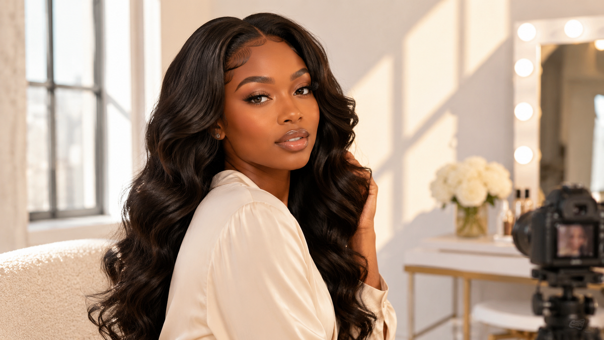 Black woman with camera-ready glossy hair extensions in a bright luxury photoshoot setting.