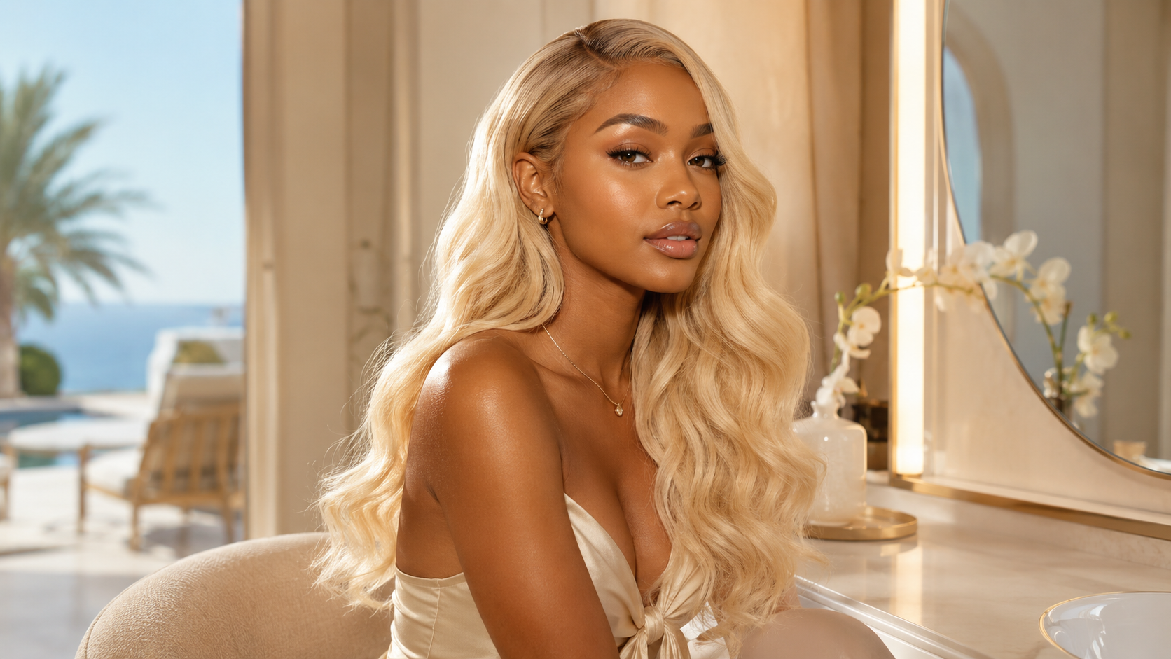 Black woman with glossy 613 blonde hair extensions in a bright luxury beauty setting.