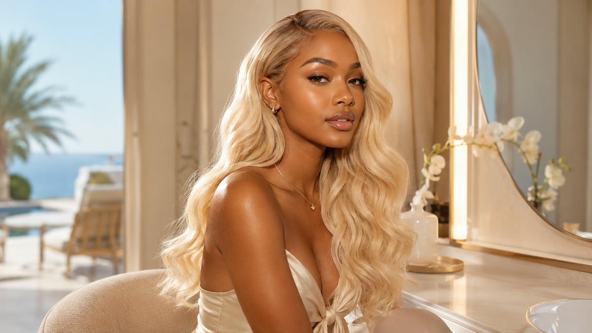Black woman with glossy 613 blonde hair extensions in a bright luxury beauty setting.