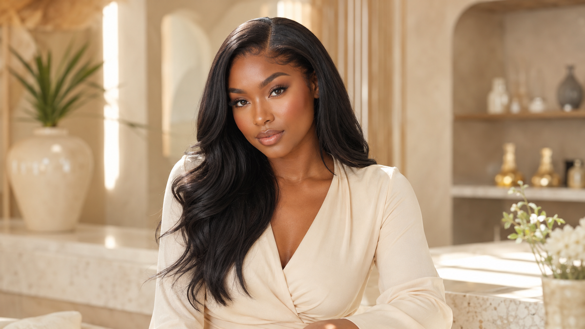 Black woman with beautifully blended leave-out and natural-looking human hair extensions in a bright luxury beauty setting.