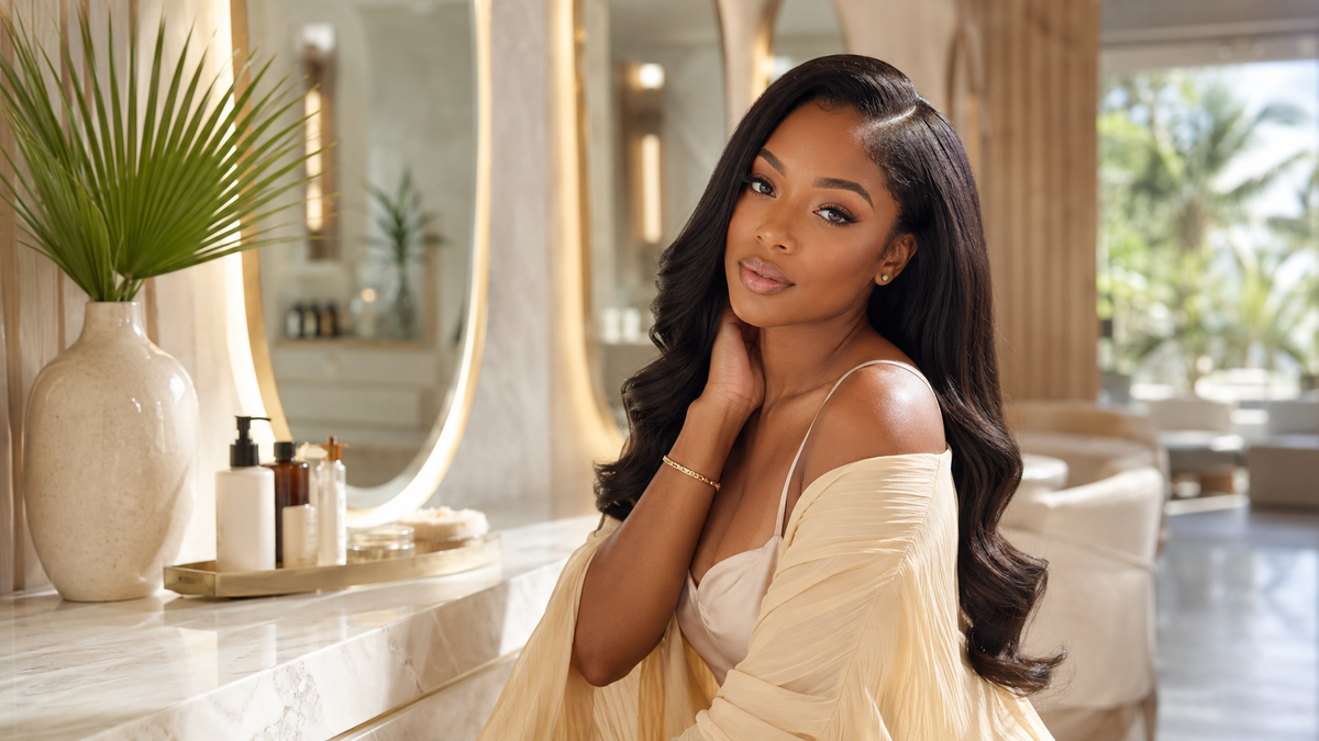 Black woman with a polished protective hairstyle and glossy human hair extensions in a bright luxury beauty setting.