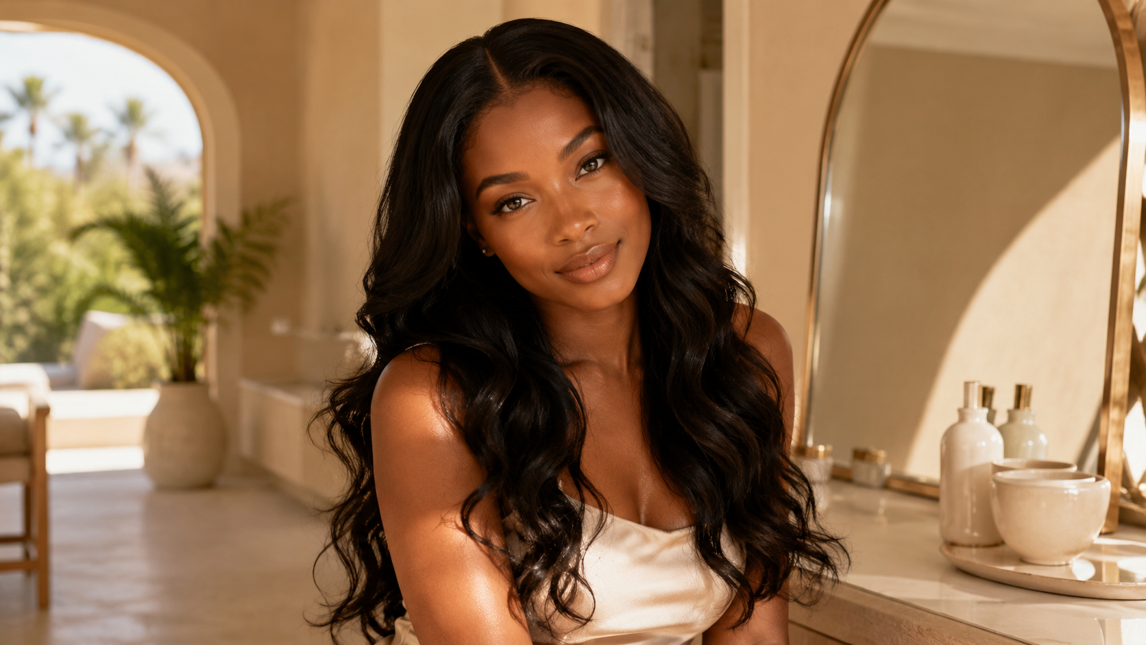 Black woman with natural-looking human hair extensions and a seamless blend in a bright luxury beauty setting.