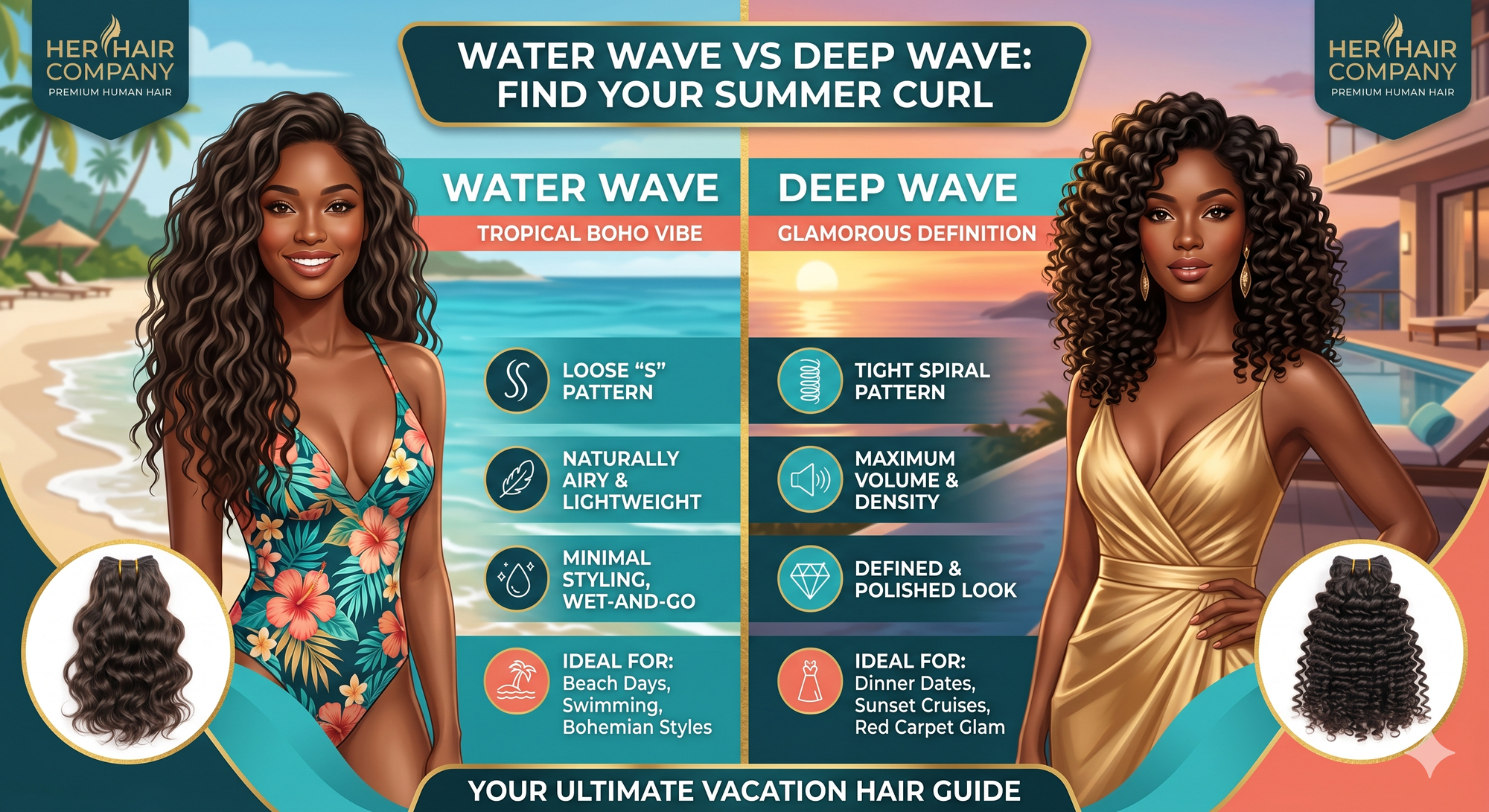 Water Wave vs. Deep Wave: Which Curly Hair is Best for Your Summer Vacation? - Her Hair Company