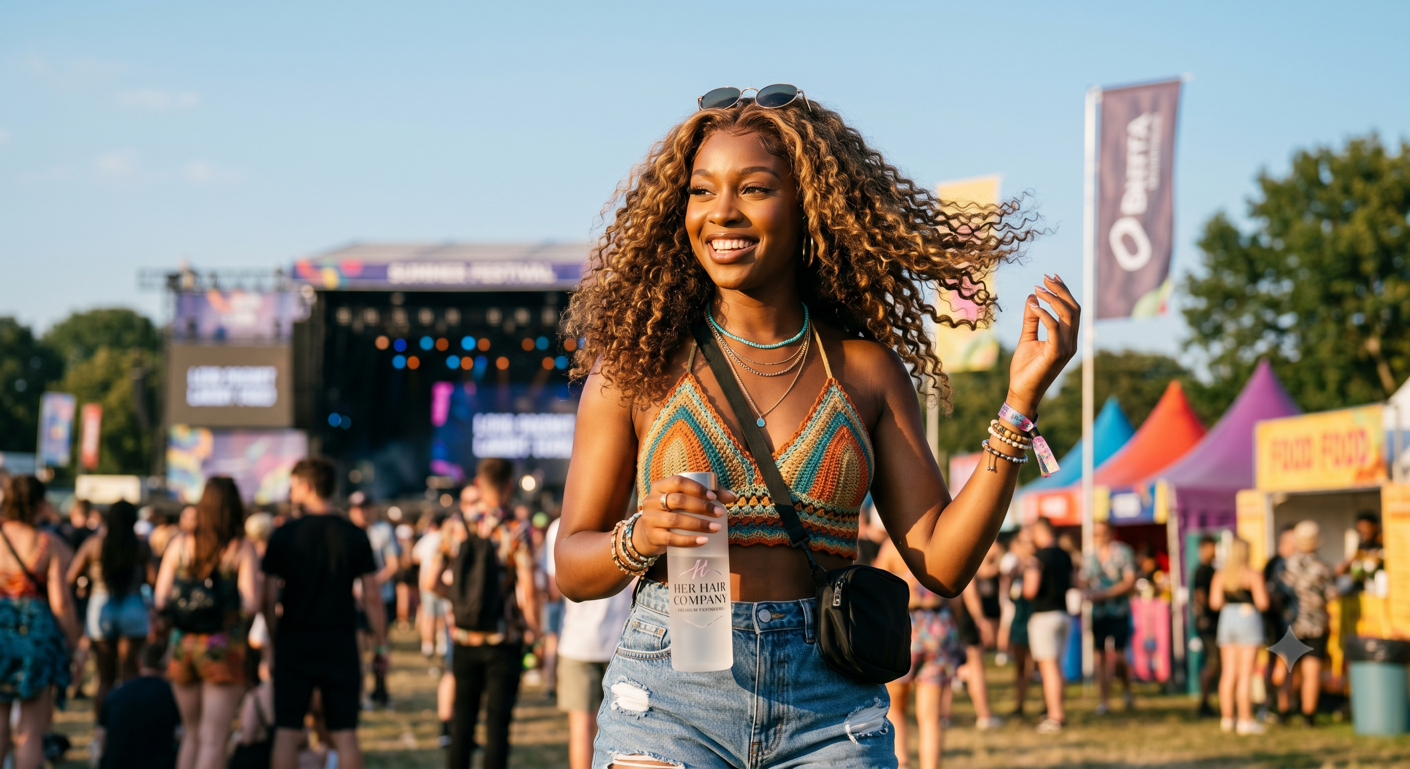 A beautiful Black woman rocking a voluminous, styled HD lace frontal wig at an outdoor summer music festival, featuring premium extensions from Her Hair Company.