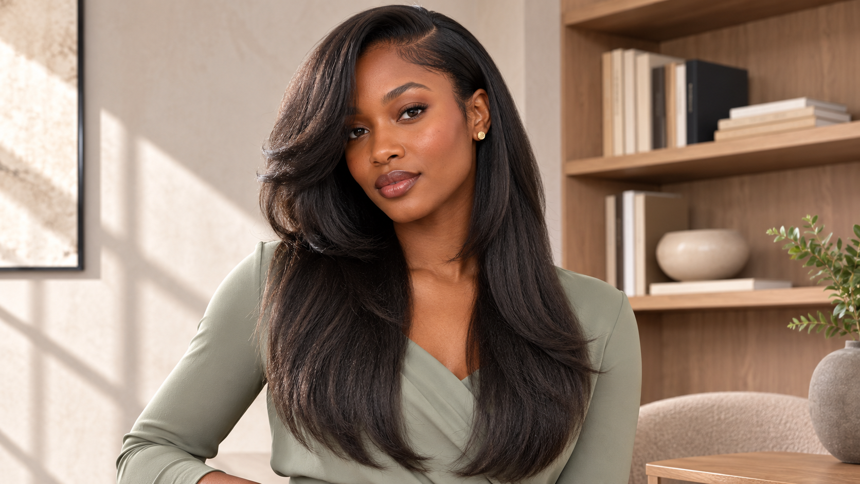 Black woman wearing softly layered kinky straight human hair extensions seamlessly blended with her short natural hair.