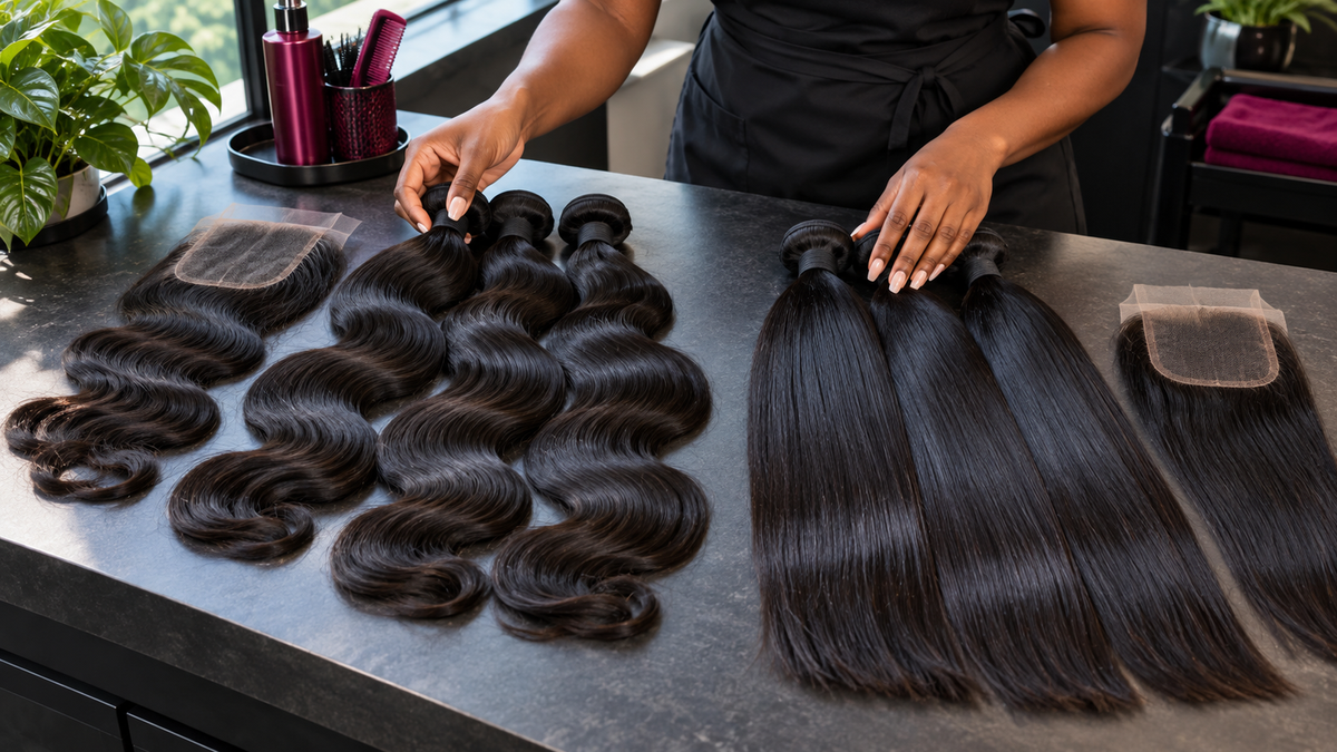 Illustrative salon comparison of natural-black Body Wave bundles with soft S-waves and sleek Straight bundles, each beside lace closure hair.