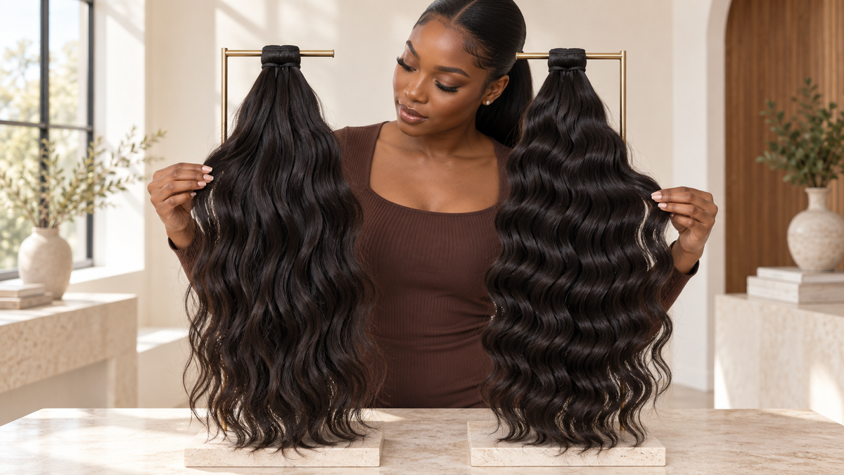 Burmese Raw Wavy and Loose Deep Wave human hair shown side by side to compare natural wave depth, texture and volume.