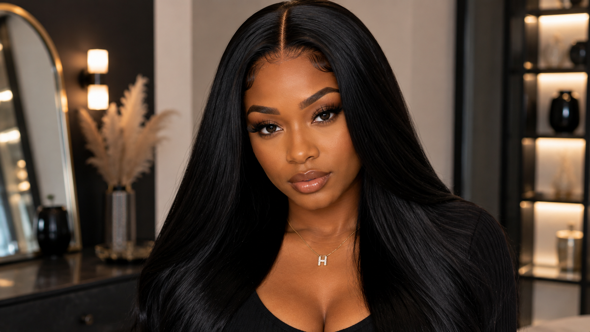 Black woman wearing long glossy jet black human hair extensions with a sleek natural-looking middle part and full healthy ends.