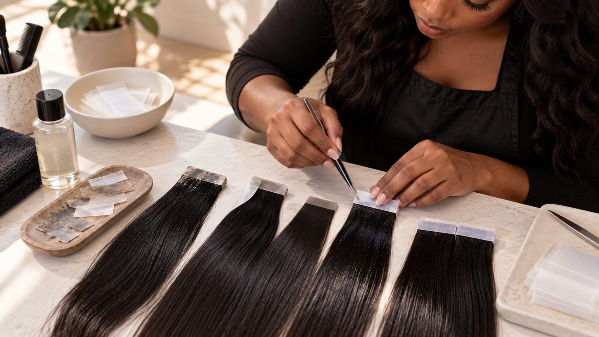 Black extension specialist cleaning and applying fresh replacement tape to reusable human hair tape-in extensions.