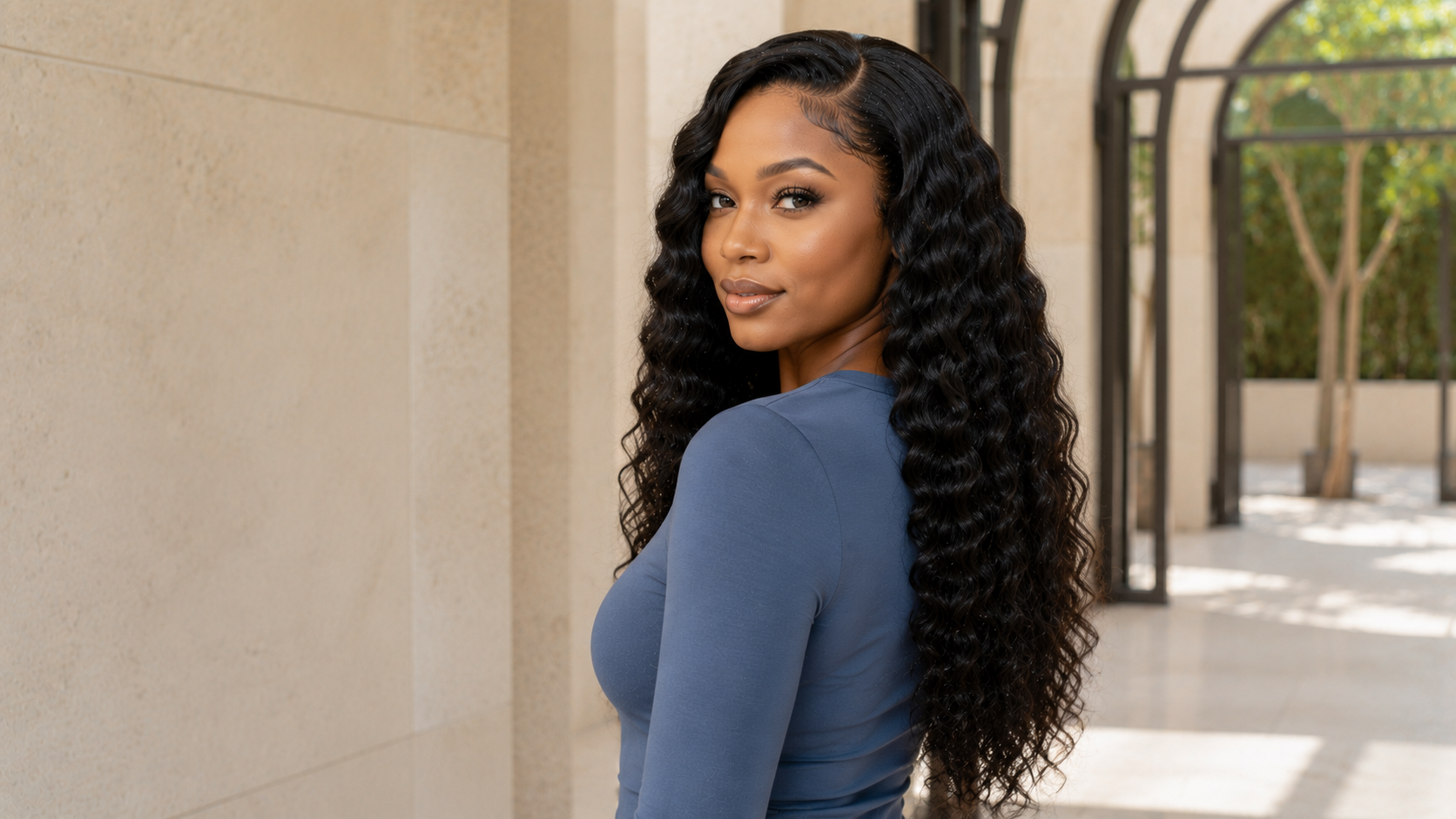 Black woman wearing long deep wave human hair extensions with healthy defined texture and natural movement after versatile styling.