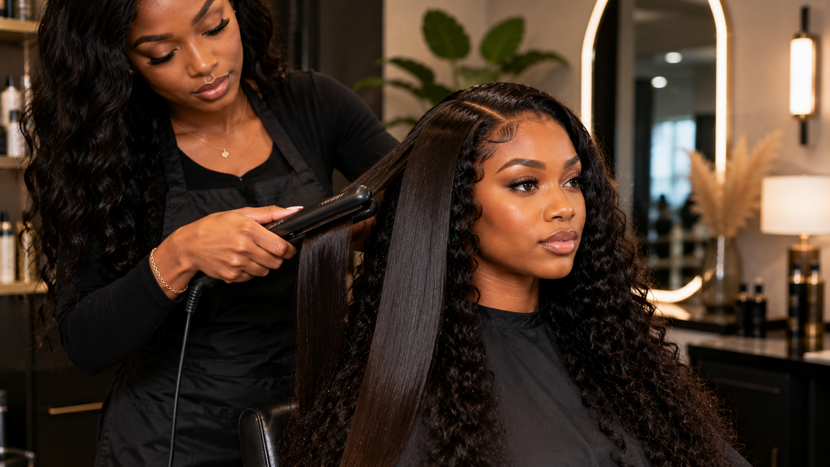 Black hairstylist straightening one section of long curly human hair extensions while the remaining hair keeps its defined natural curl pattern.