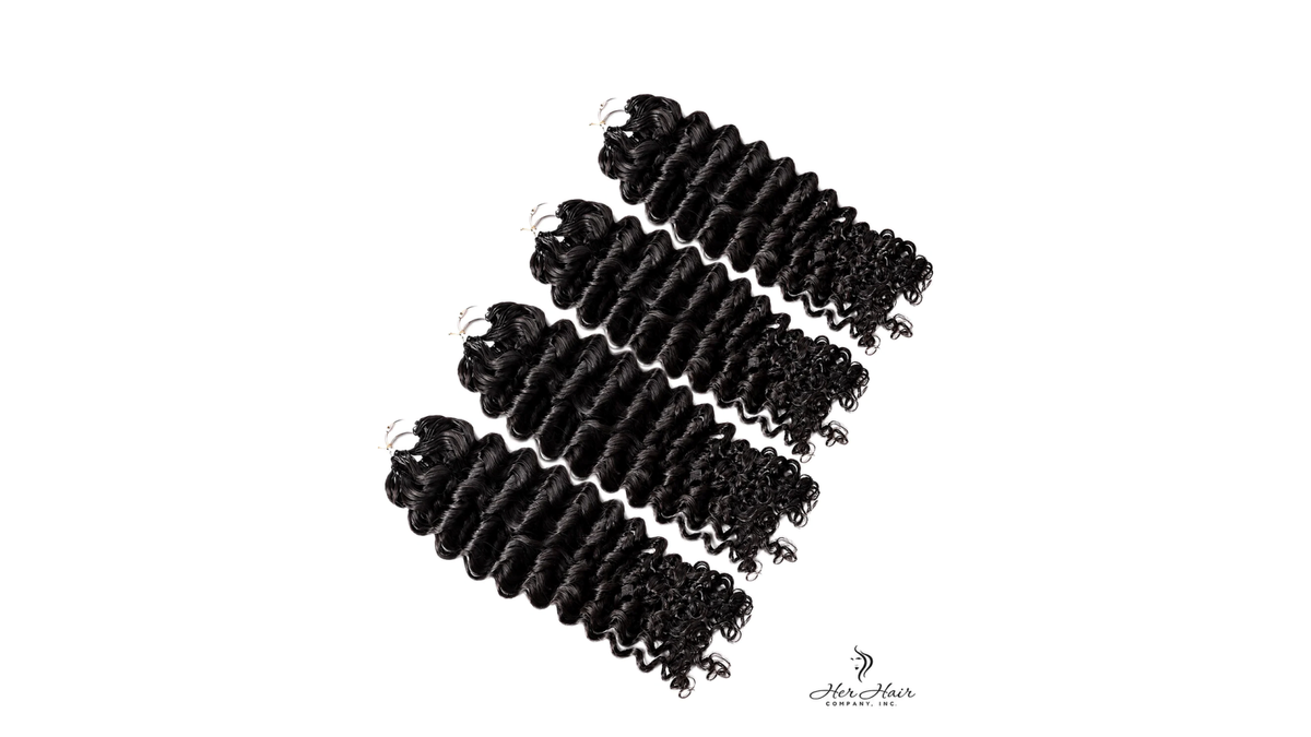 Four packs of Her Hair Company Deep Curly Crochet Hair shown together to illustrate the 1–4 pack quantity guide.