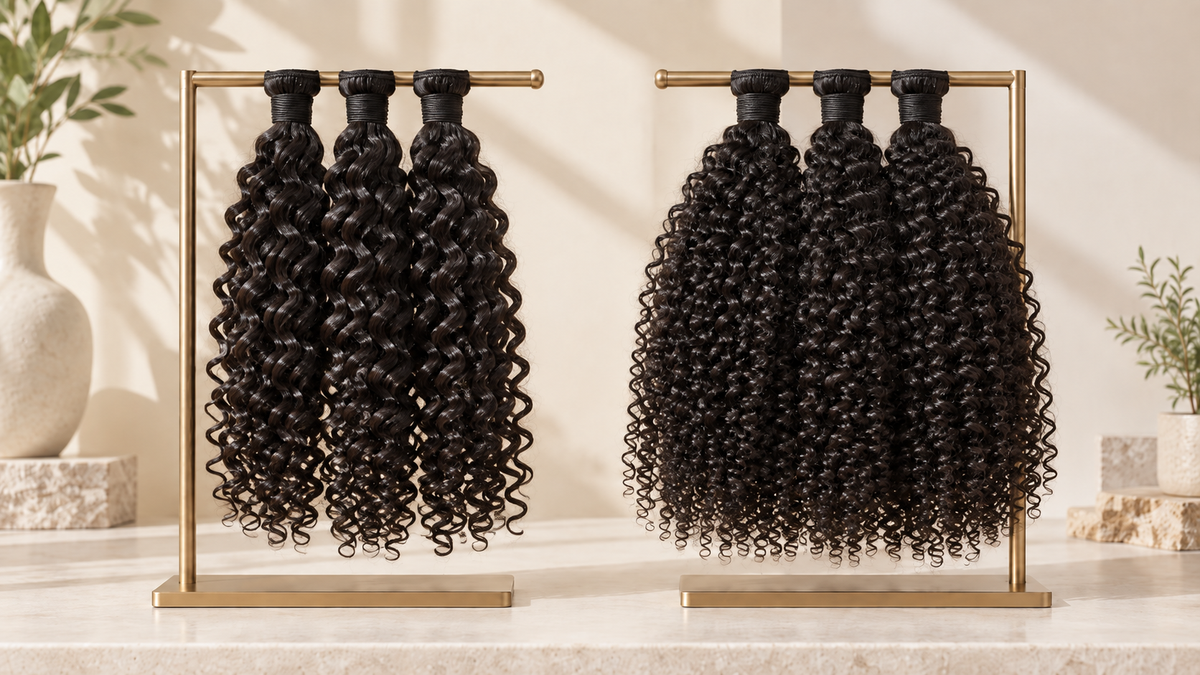 Deep Curly and Kinky Curly human hair bundles shown side by side to compare curl definition, texture and volume.