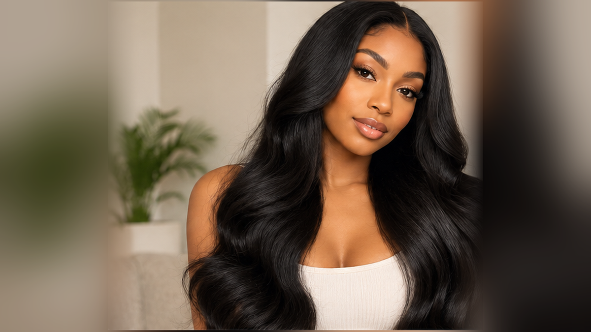 Black woman wearing natural-black body-wave hair with a side part, showing the long wave texture for a sew-in styling guide