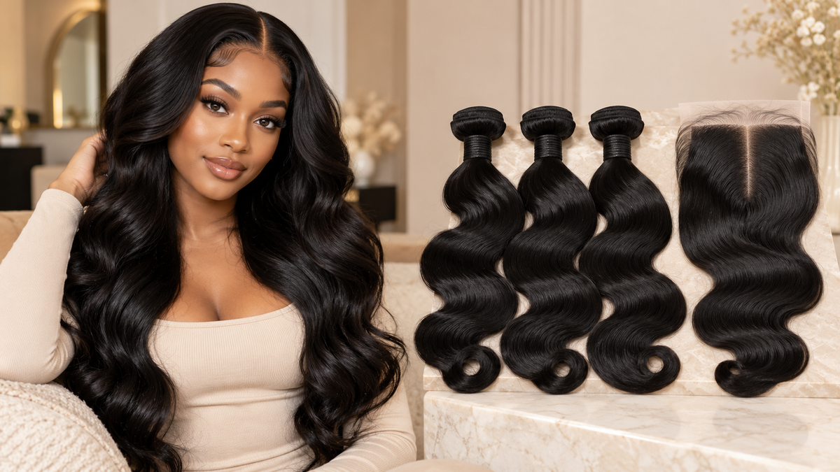 Black woman with Brazilian Body Wave install beside three matching natural-black hair bundles and a 5x5 HD lace closure