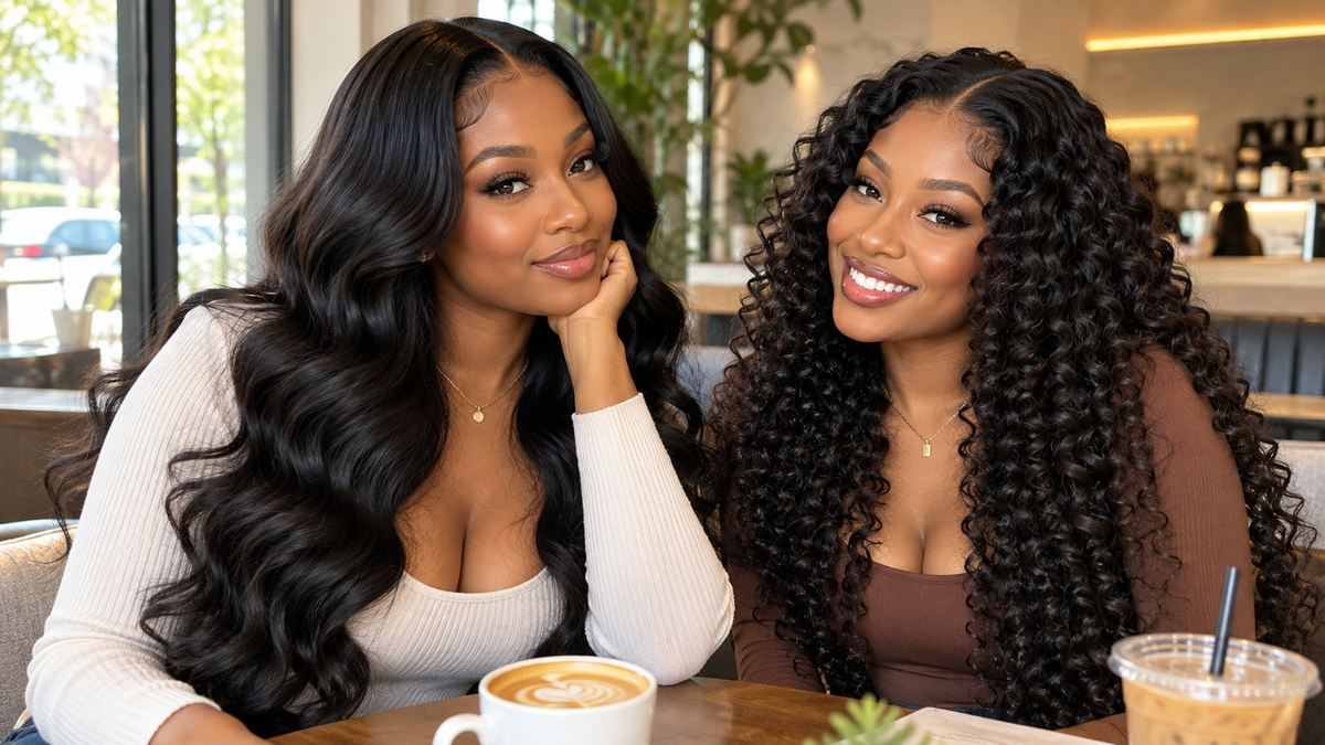 Two Black women compare natural black Brazilian Body Wave hair with soft S-waves and Deep Curly hair with defined curls