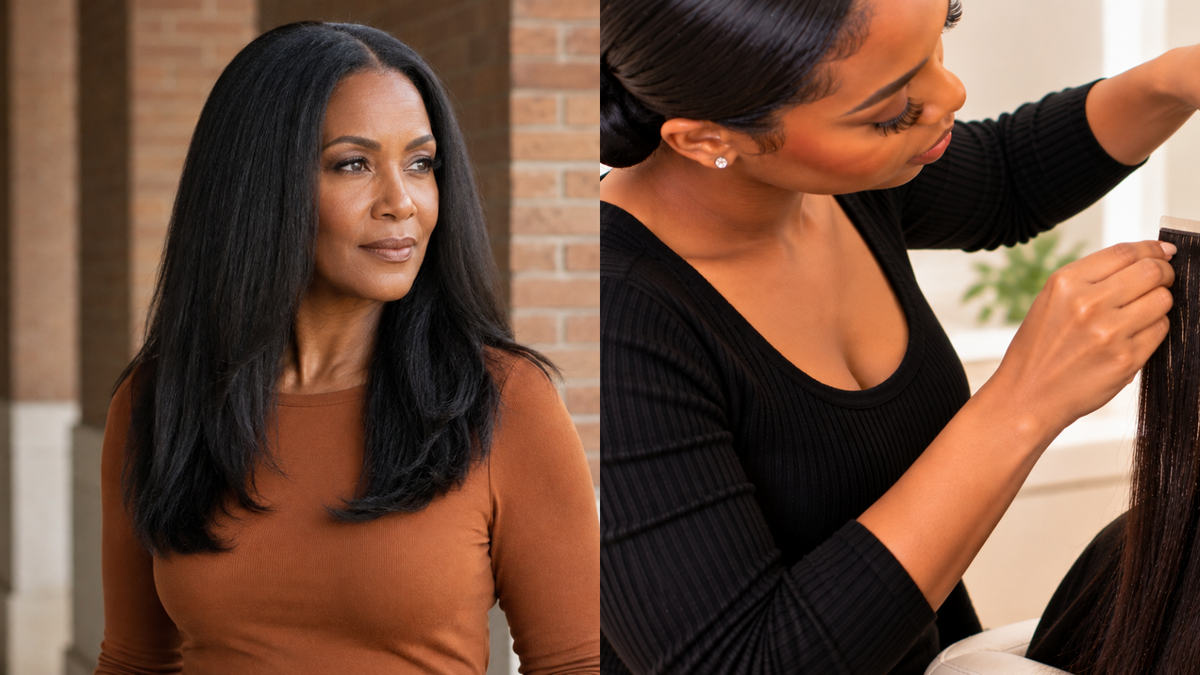 Side-by-side hair extension comparison showing clip-in fullness and tape-in placement on natural hair.
