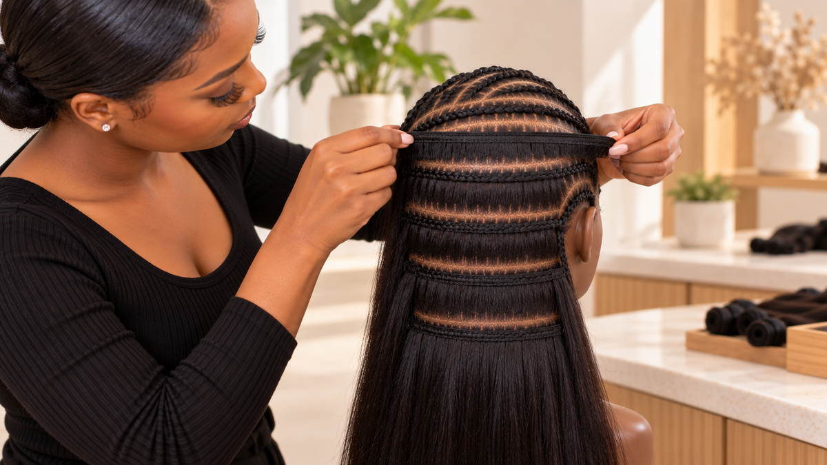Black hairstylist spacing human hair weft tracks evenly across a neat cornrow foundation for a flat balanced sew-in.