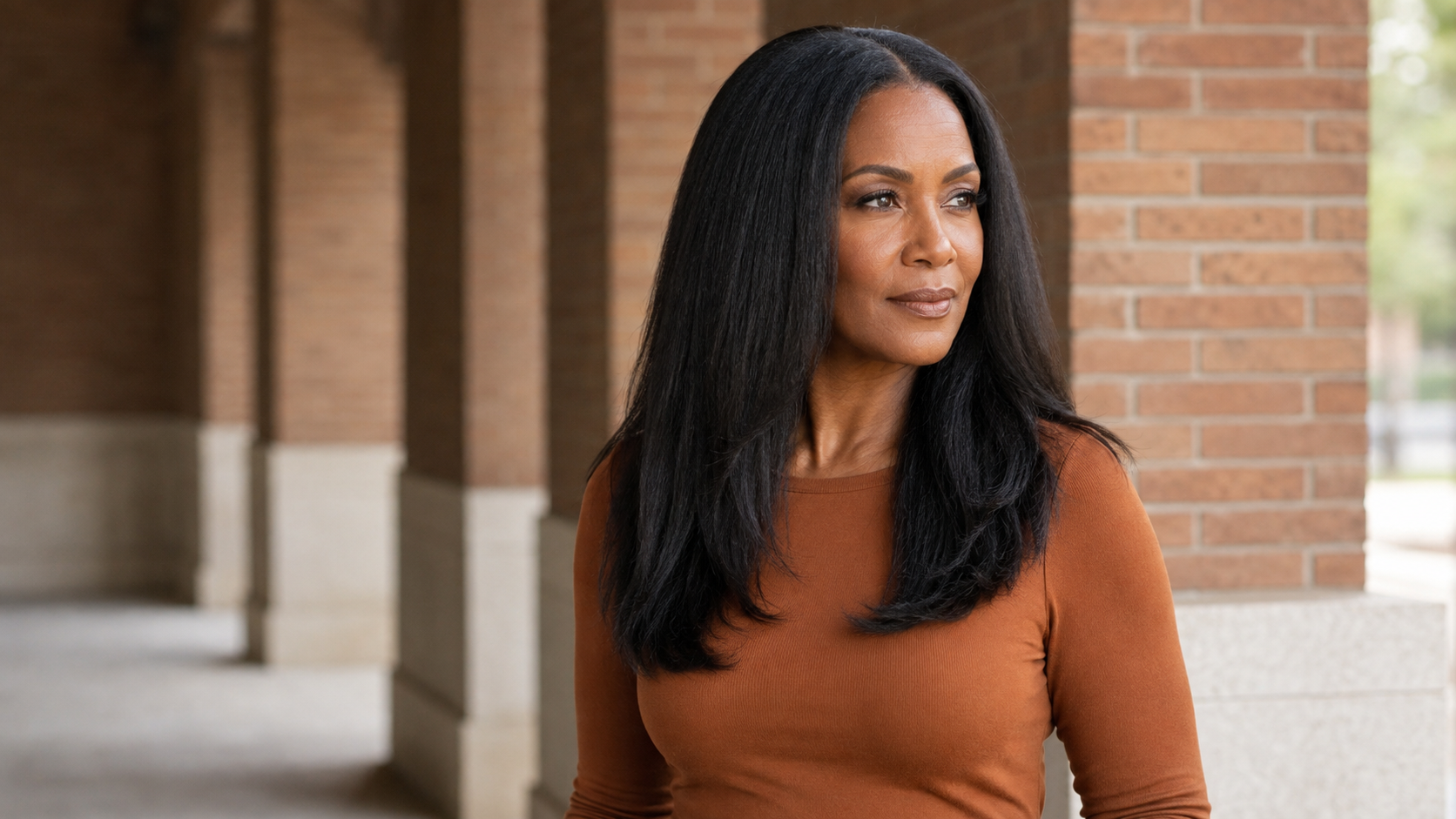 Black woman wearing naturally blended kinky straight clip-in extensions with balanced volume, seamless layers and full healthy ends.
