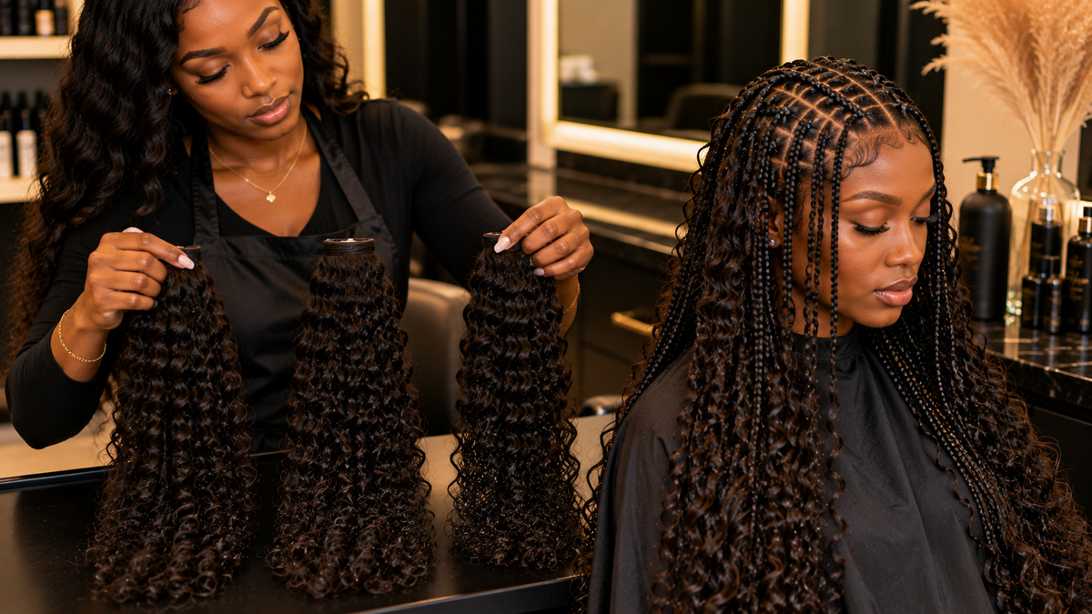 Black hairstylist preparing three sections of human bulk curly hair beside a client wearing full boho knotless braids with soft defined curls.