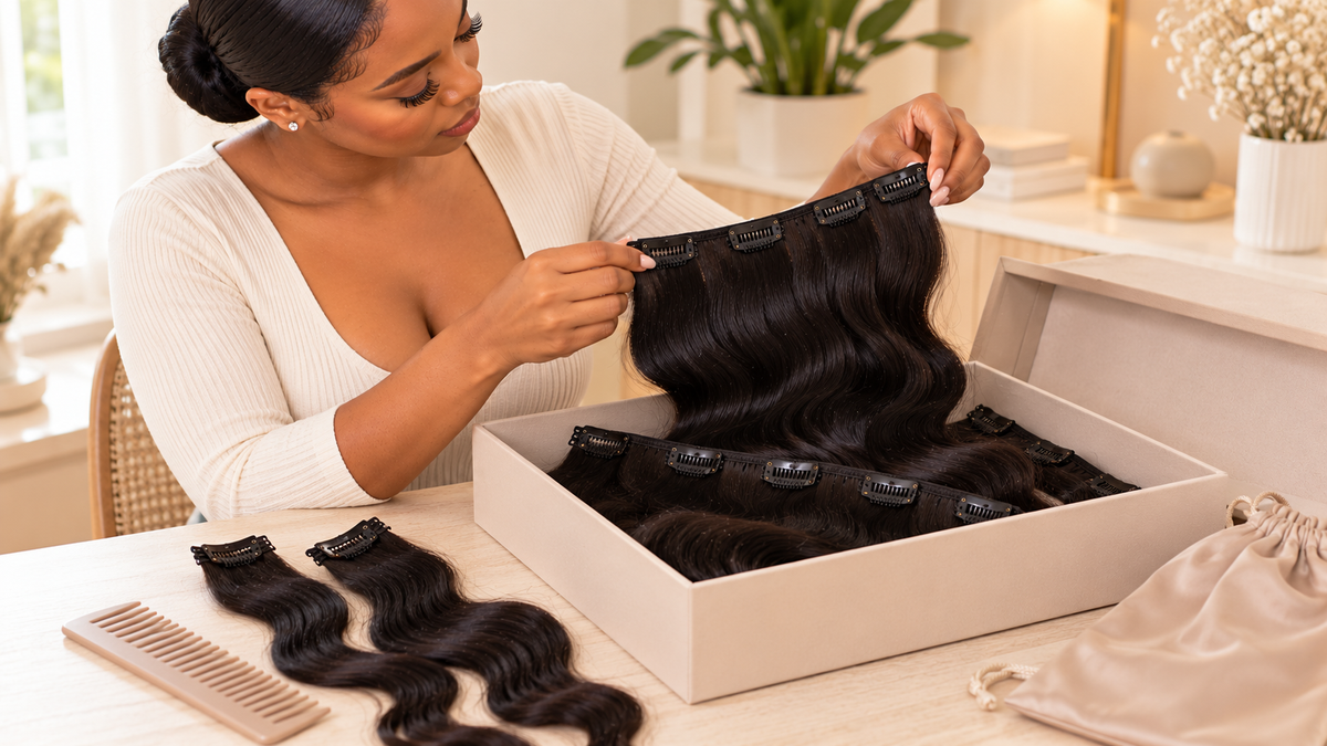 Black woman organizing clean dry Body Wave clip-in wefts with unclipped pressure clips inside a protective storage box.