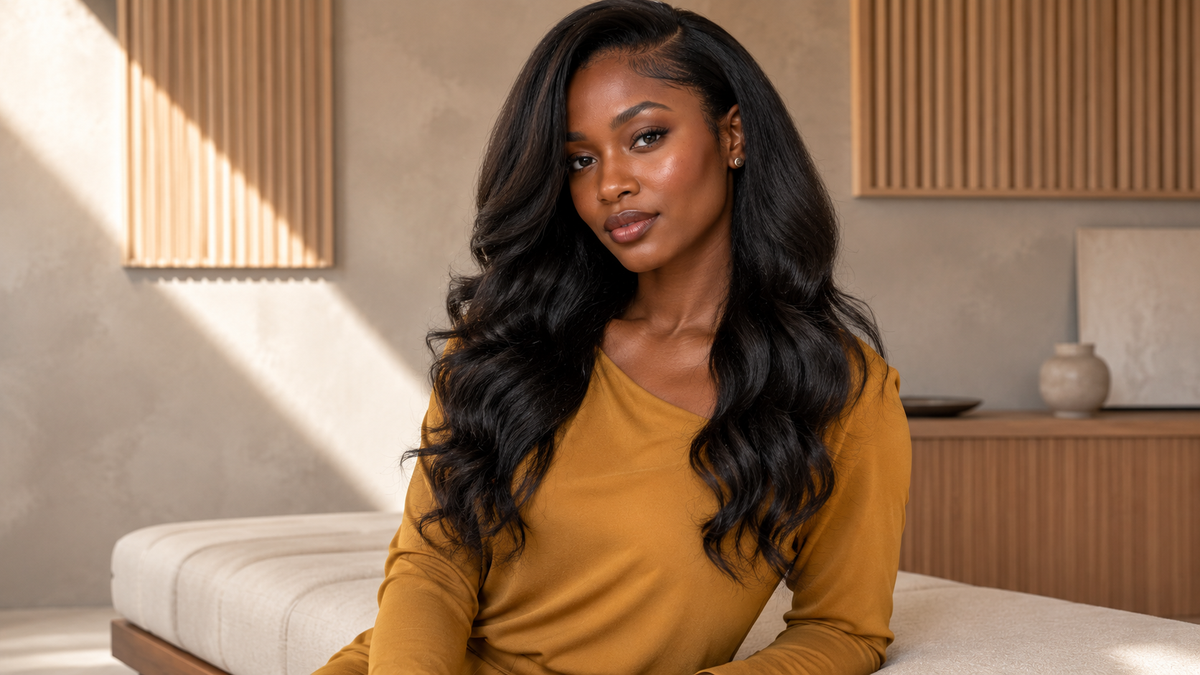 Black woman wearing a natural body wave partial sew-in with seamlessly blended leave-out and full healthy ends.