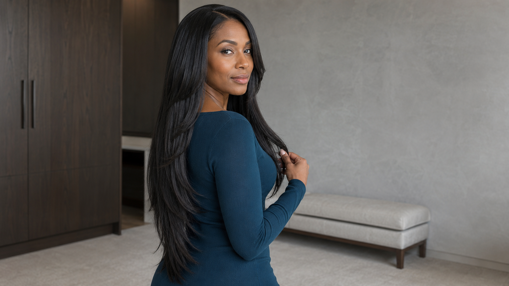 Black woman wearing a long layered straight sew-in created with mixed-length human hair bundles.