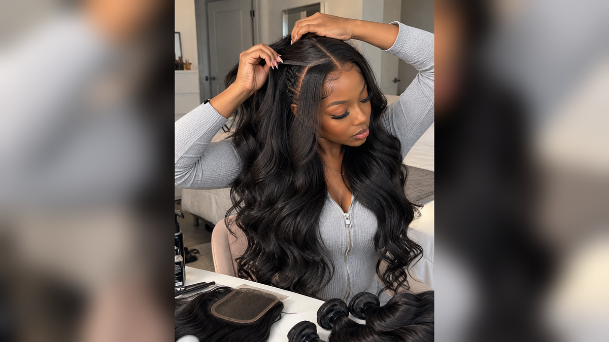 Black woman showing a closure sew-in with visible braided foundation, lace closure, and human-hair bundles during styling.