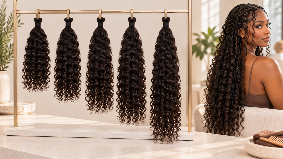 Five lengths of loose human bulk hair arranged beside boho braids to compare short, medium and extra-long curly placement.