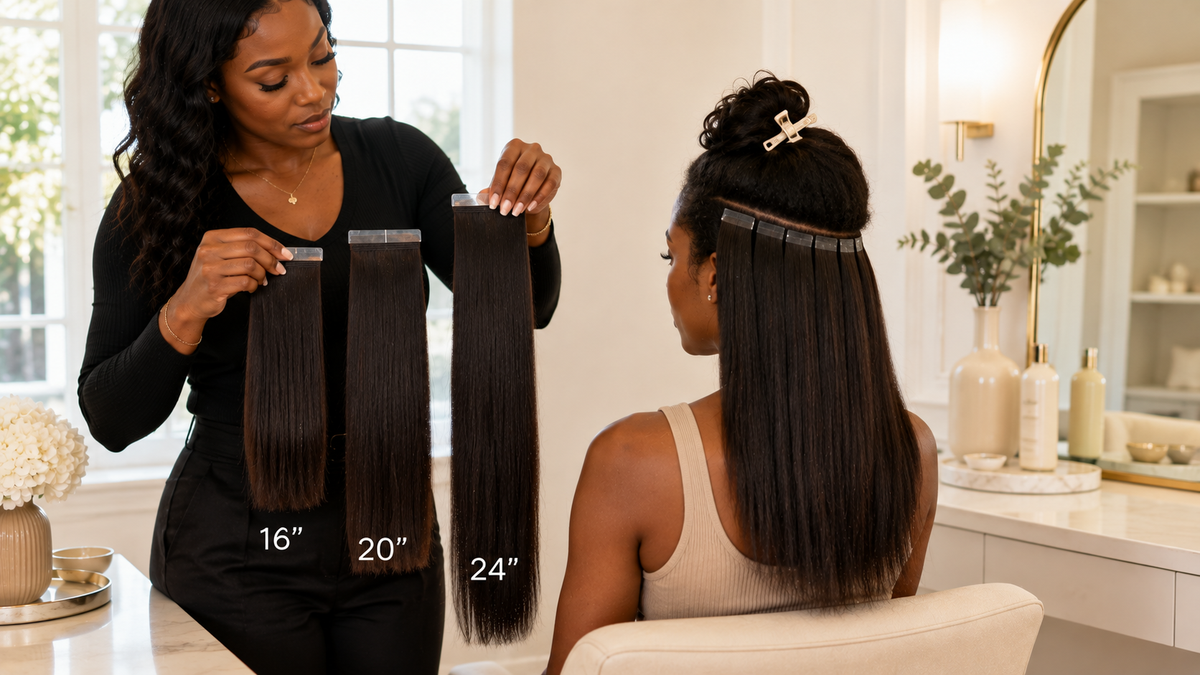 Black woman comparing long tape-in hair extension lengths for a natural layered installation with full healthy-looking ends.
