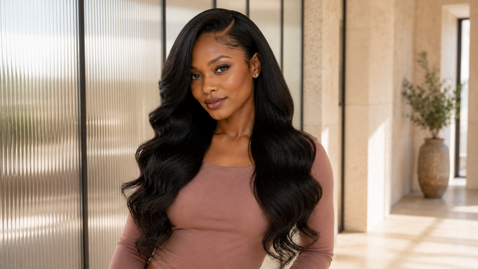 Black woman wearing a flat, secure body wave HD lace frontal with a natural side part and seamless temple area.