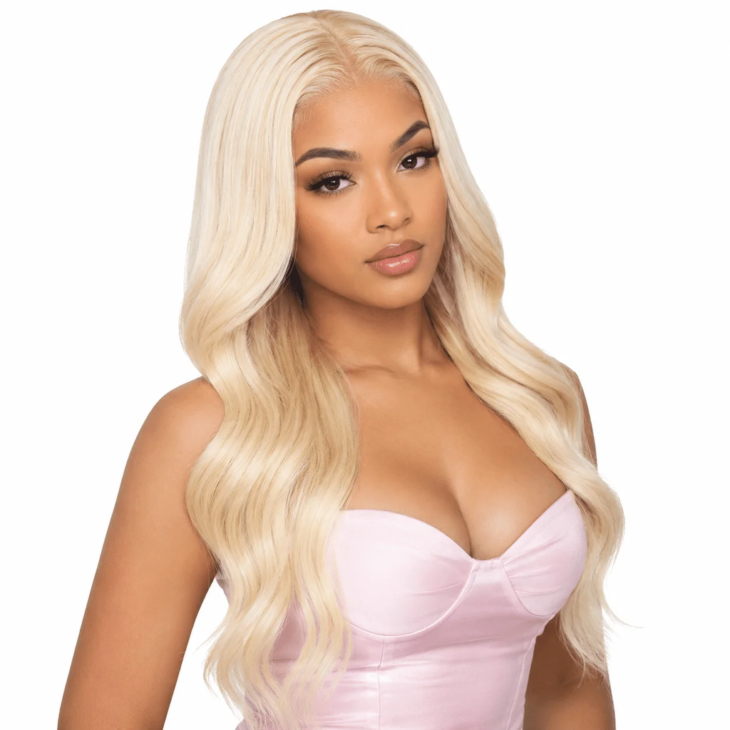 Brazilian 613# 13x4 lace frontal with body wave texture, natural hairline, and transparent lace for seamless blending.
