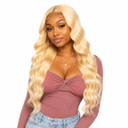 Three bundles of Brazilian 613# hair shown in a standard bundle deal, featuring light blonde, straight hair with natural shine.