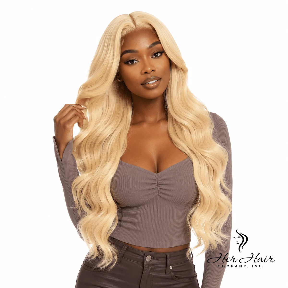 Brazilian 613# hair 4-bundle deal with straight, blonde extensions shown on a model, highlighting the bundle quality and color.