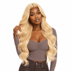Brazilian 613# hair 4-bundle deal with straight, blonde extensions shown on a model, highlighting the bundle quality and color.