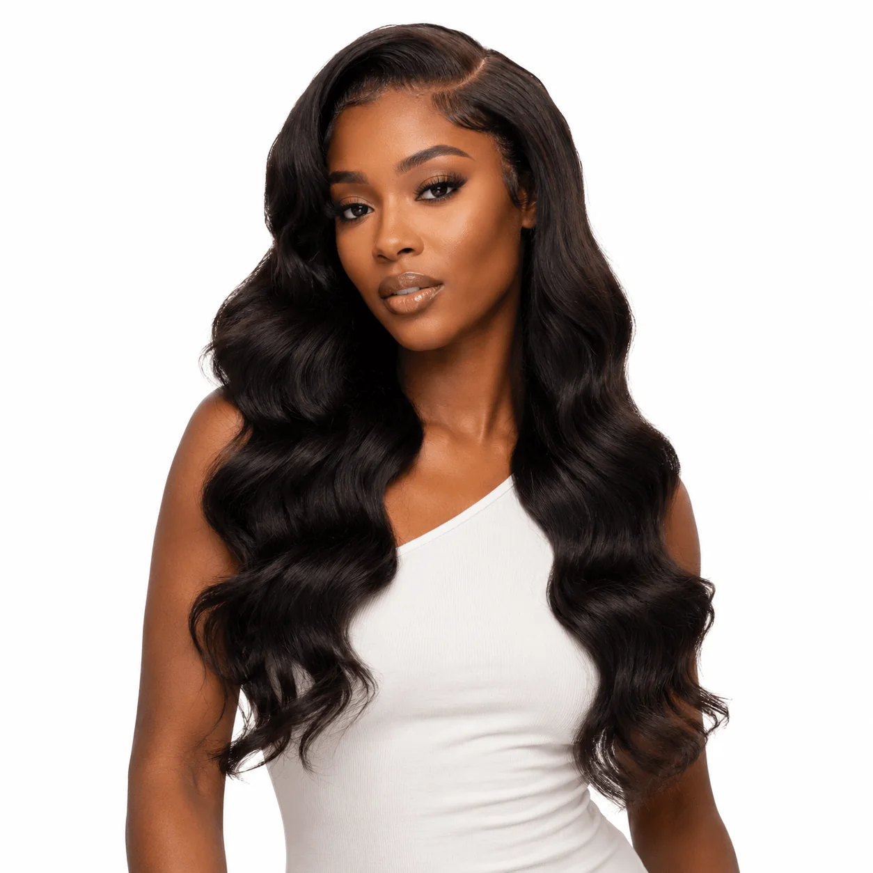 Her Hair Company Brazilian Body Wave 13X4 HD lace frontal, front view showcasing natural wave pattern and lace detailing.