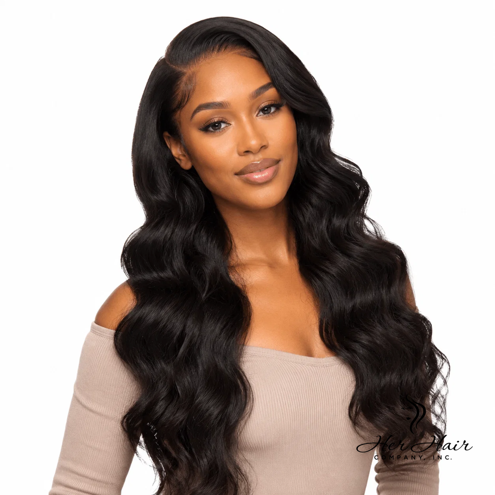 Brazilian Body Wave 13x6 HD lace frontal by Her Hair Company, showcasing the natural wave pattern and lace detail.