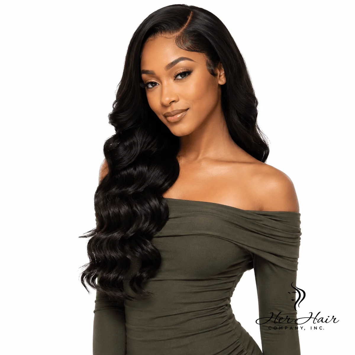 Her Hair Company Brazilian Body Wave 2x6 HD lace closure on a model, showcasing natural wave pattern and transparent lace detail.