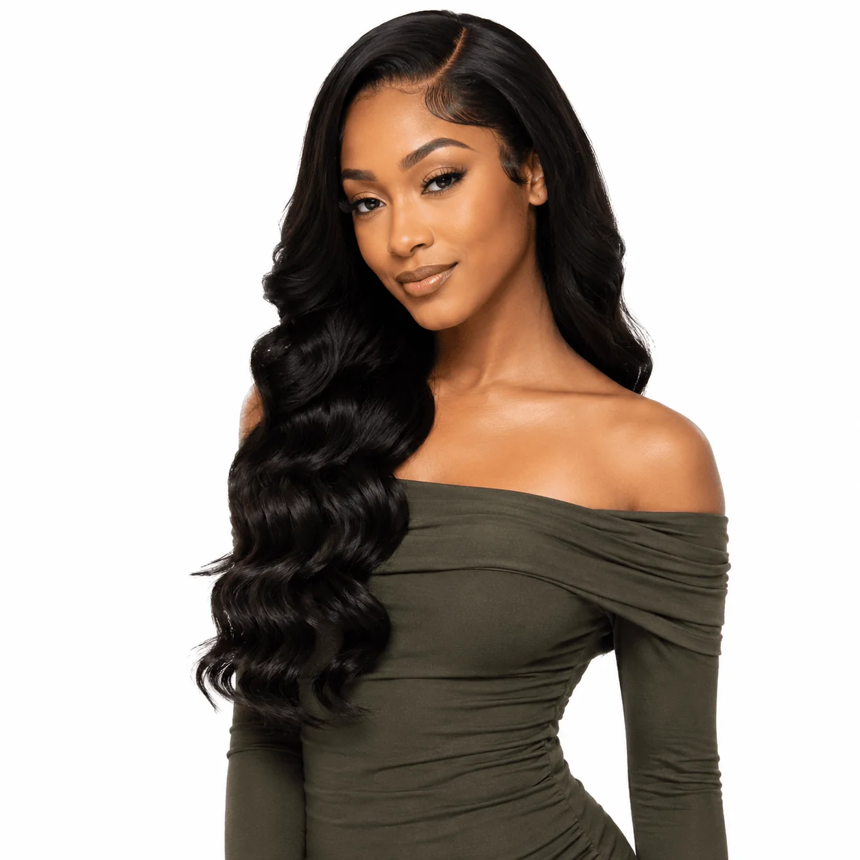 Brazilian Body Wave 2x6 HD Lace Closure from Her Hair Company, showcasing natural wave pattern and lace detailing on a model.