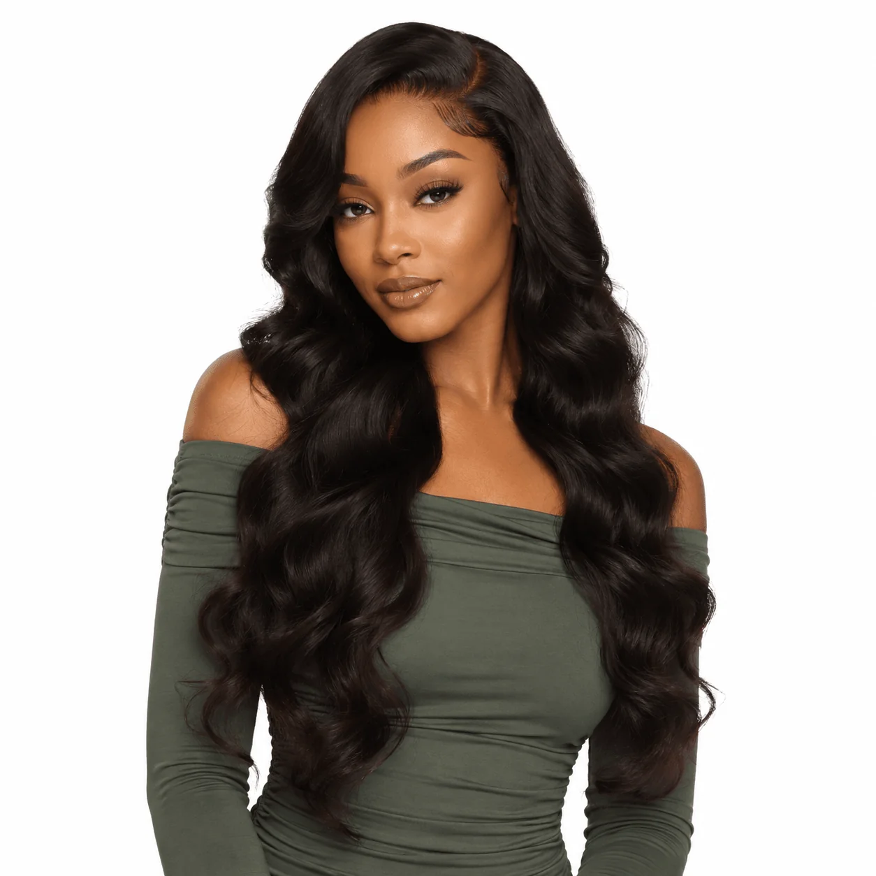 Front view of a model wearing Her Hair Company Brazilian Body Wave 5x5 HD lace closure, showcasing natural waves and lace detail.